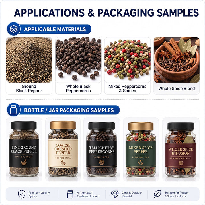 Automatic Spice Granule Bottle Filling Cap Pressing Foil Sealing Labeling and Shrink Wrapping Line