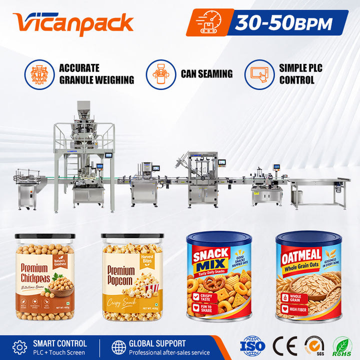 Full Automatic Granule Snacks Nuts Can Rotary Filling Seaming Machine