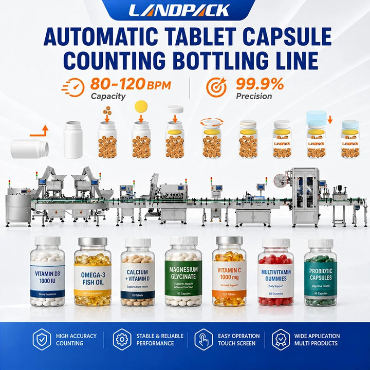 Fully Automatic Pharma Tablet Capsule Bottle Counting Filling Sealing and Labeling Packaging Line