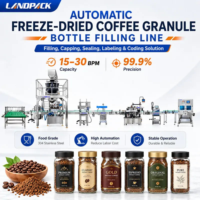 Automatic Freeze-Dried Coffee Granule Bottle Filling Cap Pressing Foil Sealing Labeling and Shrink Wrapping Line