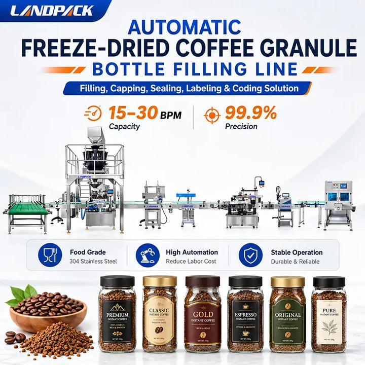 Automatic Freeze-Dried Coffee Granule Bottle Filling Cap Pressing Foil Sealing Labeling and Shrink Wrapping Line