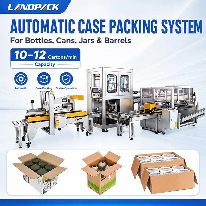 Automatic Bottles, Cans, Jars Case Packing System with Case Erector and Sealer