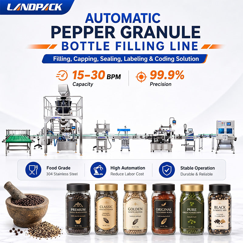 Automatic Spice Granule Bottle Filling Cap Pressing Foil Sealing Labeling and Shrink Wrapping Line