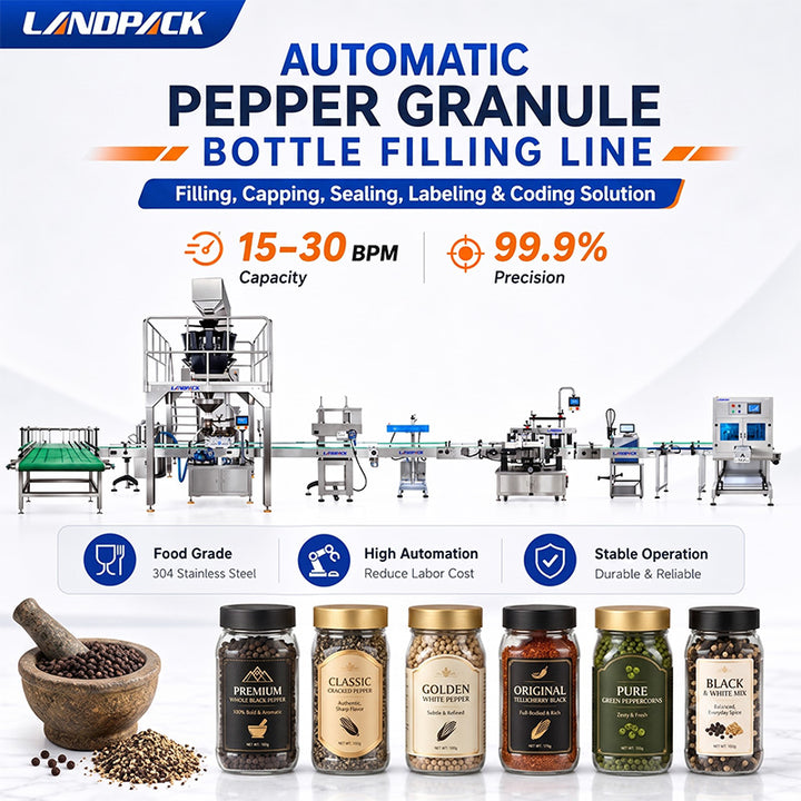 Automatic Spice Granule Bottle Filling Cap Pressing Foil Sealing Labeling and Shrink Wrapping Line