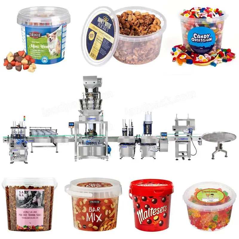 Full Automatic Mixed Nuts Plastic Buckets Bottles Filling And Caps Pressing Machine Line