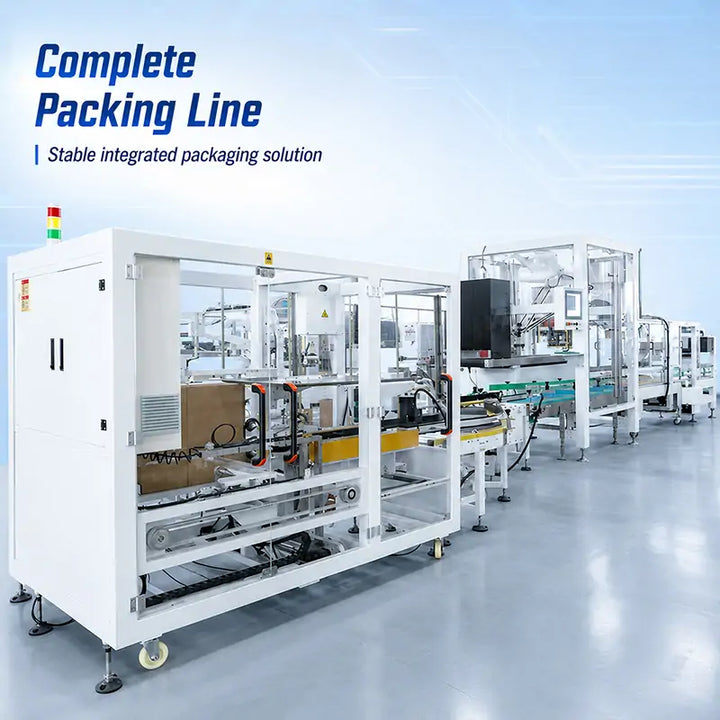 Automatic Cartoning and Case Packing System with Case Erector, Sealer and Delta Robot Palletizer