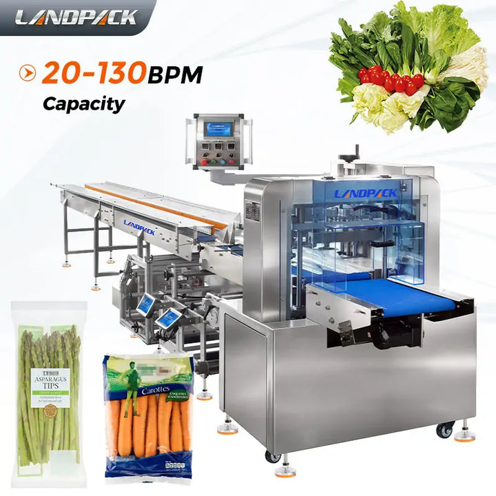 Automatic Celtuce Lettuce Vegetable Flow Wrapping Machine with Hole Punching, Labeling, and Coding