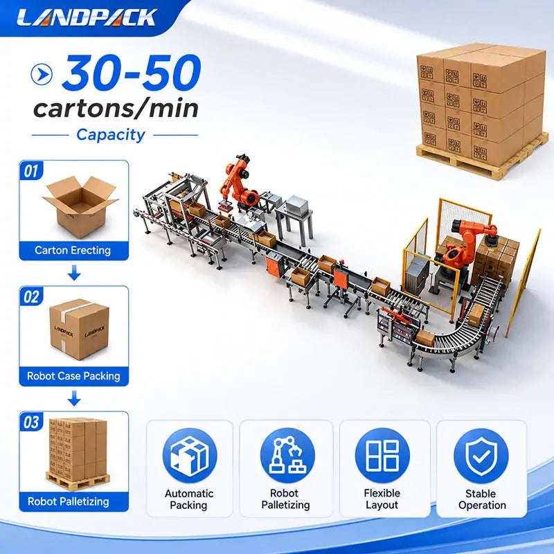 Automatic Carton Case Packing and Robotic Palletizing System for Packaging Line Integration