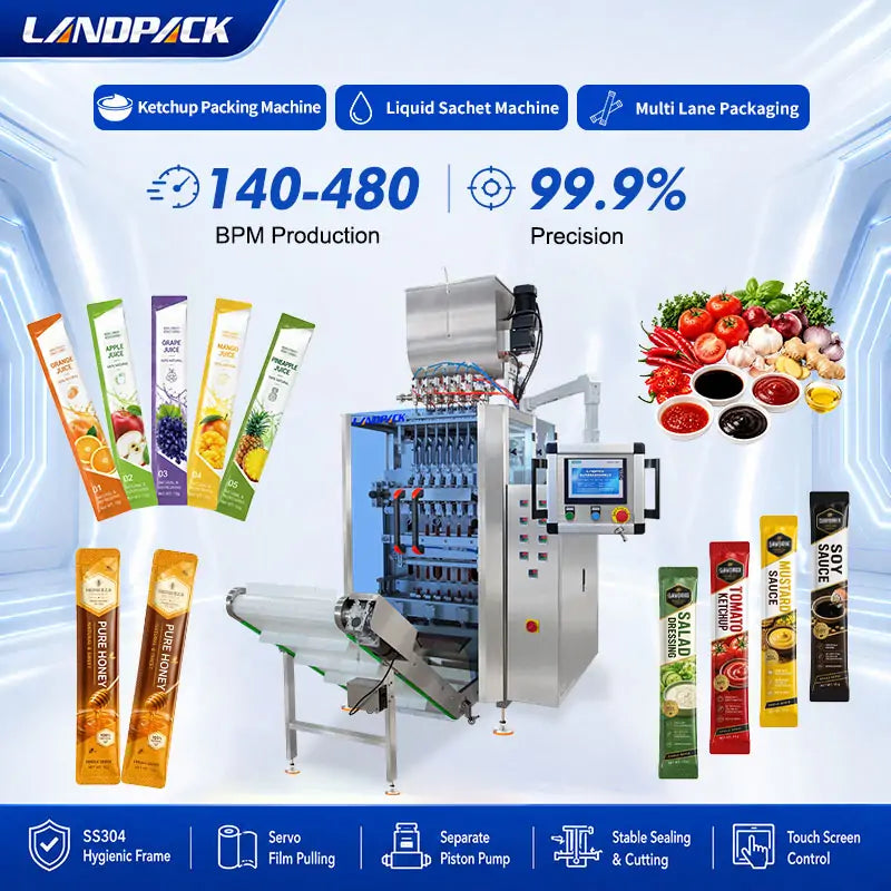 Automatic Multi Lane Ketchup Sauce Sachet Stick Filling and Packing Machine with Easy-Tear Notch and Ribbon Coder