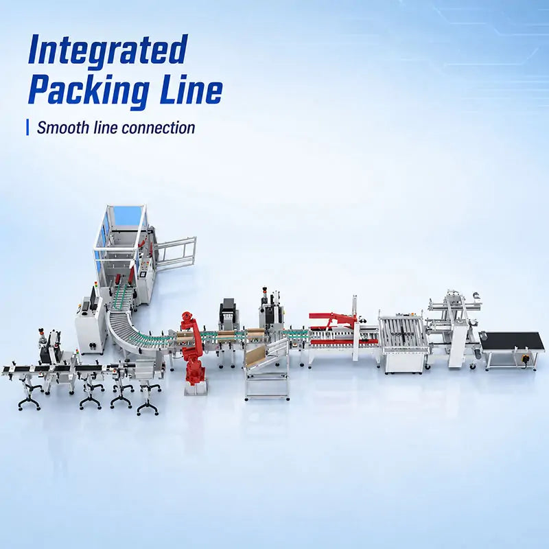 Automatic End-of-Line Packaging System with Case Erector, Robotic Case Packer, Case Sealer and Palletizer