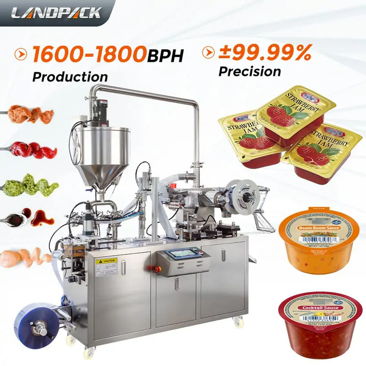 Automatic Double-Head Chocolate Cream Sauce Blister Filling and Sealing Machine with Heated Stirring Hopper