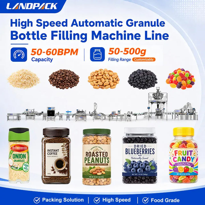Automatic Granule Bottle Filling Line with Capping, Foil Sealing, Labeling, Checkweigher and Metal Detector