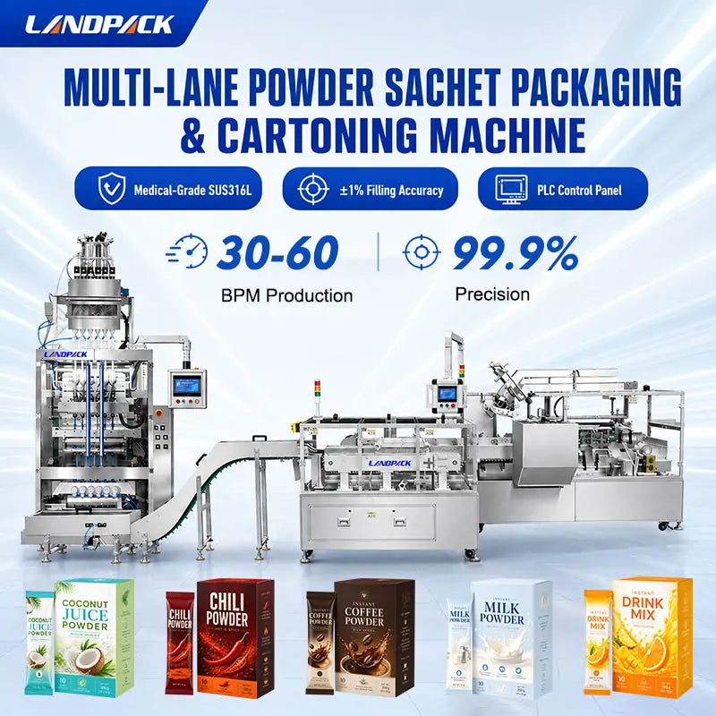 Automatic Multi-Track Stick Powder Packing, Cartoning, Case Packing, Shrink Wrapping and Palletizing Line