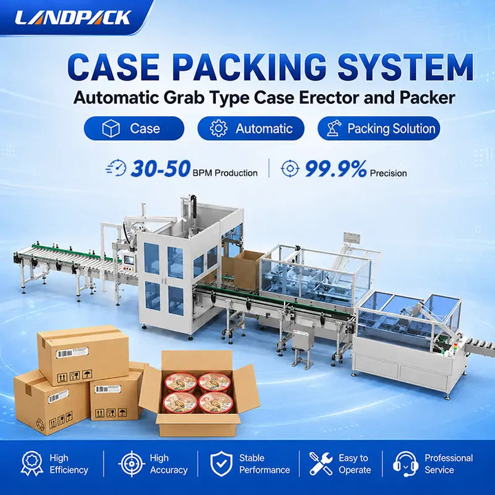 Automatic End-of-Line Packaging System with Case Erector, Robotic Case Packer and Case Sealer