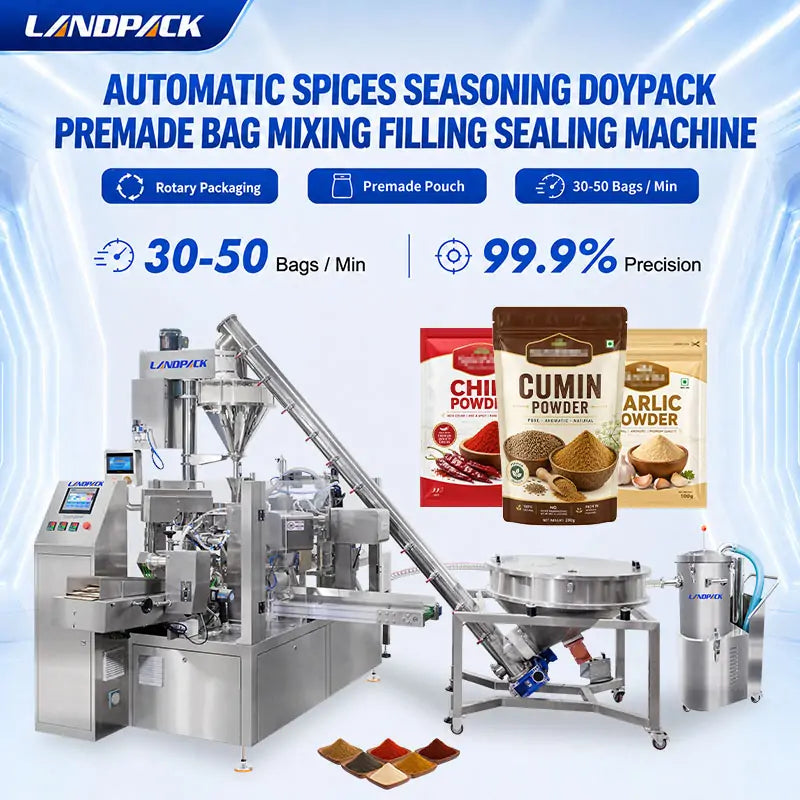 Automatic Spice Powder Rotary Doypack Filling Sealing Machine with Screw Feeder, Dust Collector and Spoon Dispenser