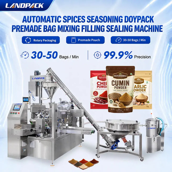 Automatic Spice Powder Rotary Doypack Filling Sealing Machine with Screw Feeder, Dust Collector and Spoon Dispenser
