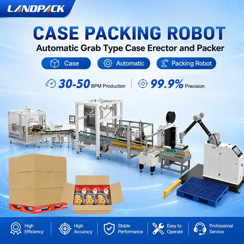 Automatic Cartoning and Case Packing System with Case Erector, Sealer and Delta Robot Palletizer