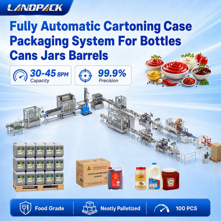 Automatic Liquid Sauce Bottle Filling Capping Labeling Line Packaging System with Case Packing and Palletizing Machine