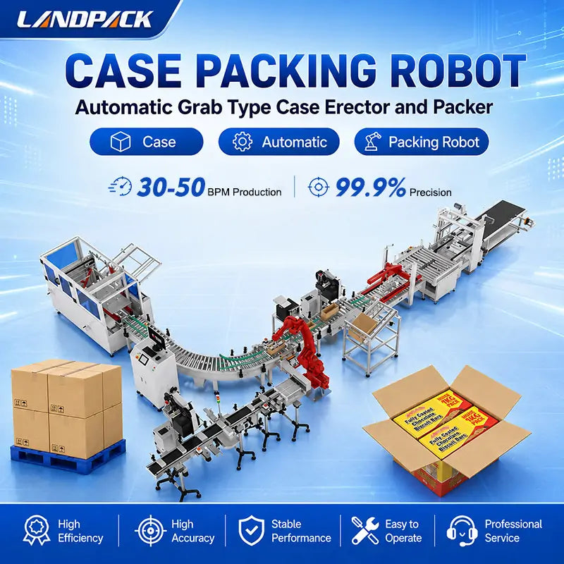 Automatic End-of-Line Packaging System with Case Erector, Robotic Case Packer, Case Sealer and Palletizer