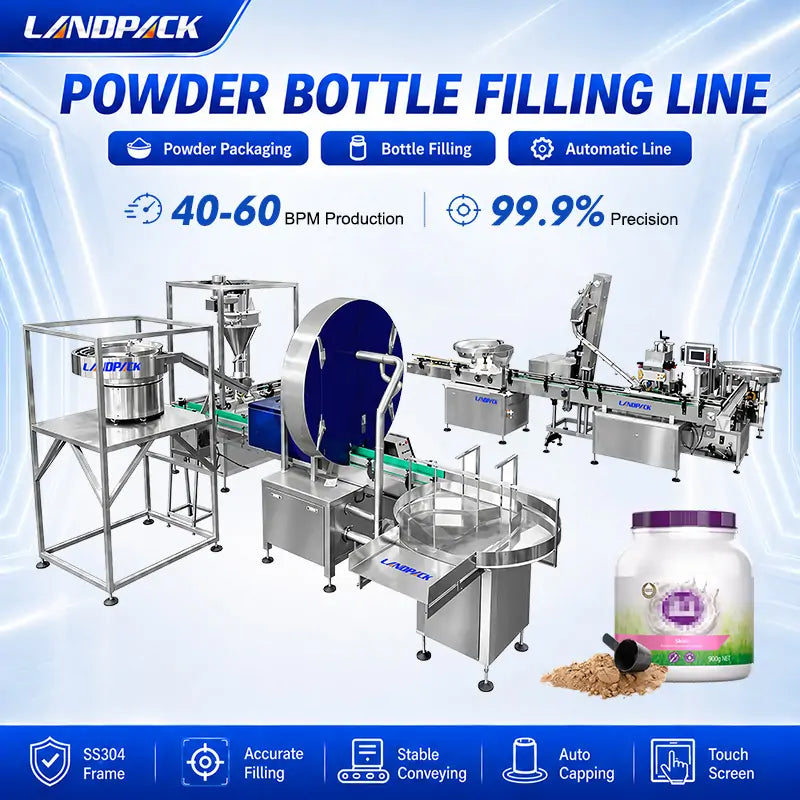 Automatic Milk Powder Bottle Filling, Spoon Inserting, Capping and Labeling Line with UV Sterilization
