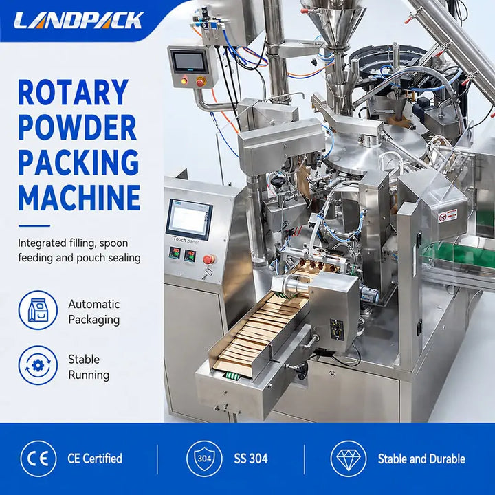 Automatic Spice Powder Rotary Doypack Filling Sealing Machine with Screw Feeder, Dust Collector and Spoon Dispenser