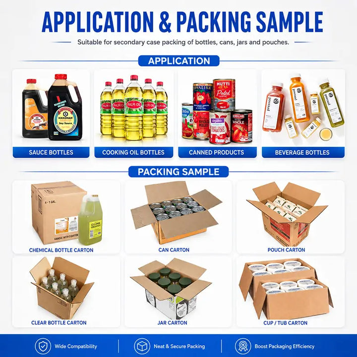 Automatic Bottles, Cans, Jars Case Packing System with Case Erector and Sealer