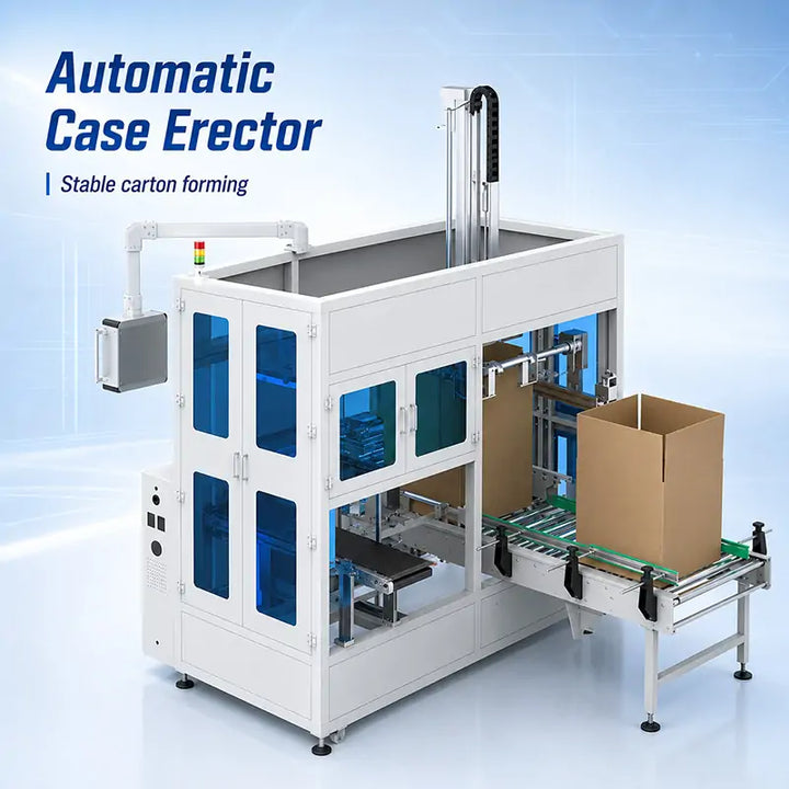 Automatic End-of-Line Packaging System with Case Erector, Robotic Case Packer and Case Sealer