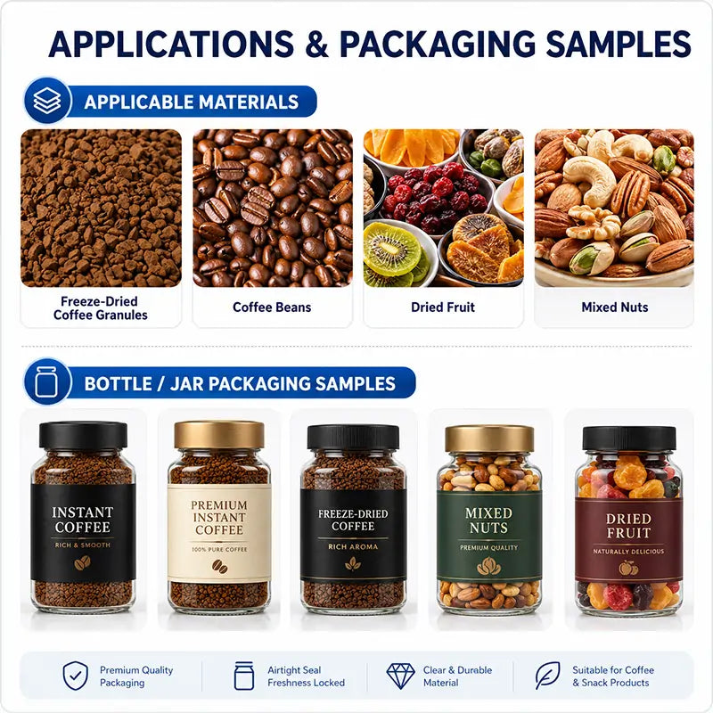 Automatic Freeze-Dried Coffee Granule Bottle Filling Cap Pressing Foil Sealing Labeling and Shrink Wrapping Line
