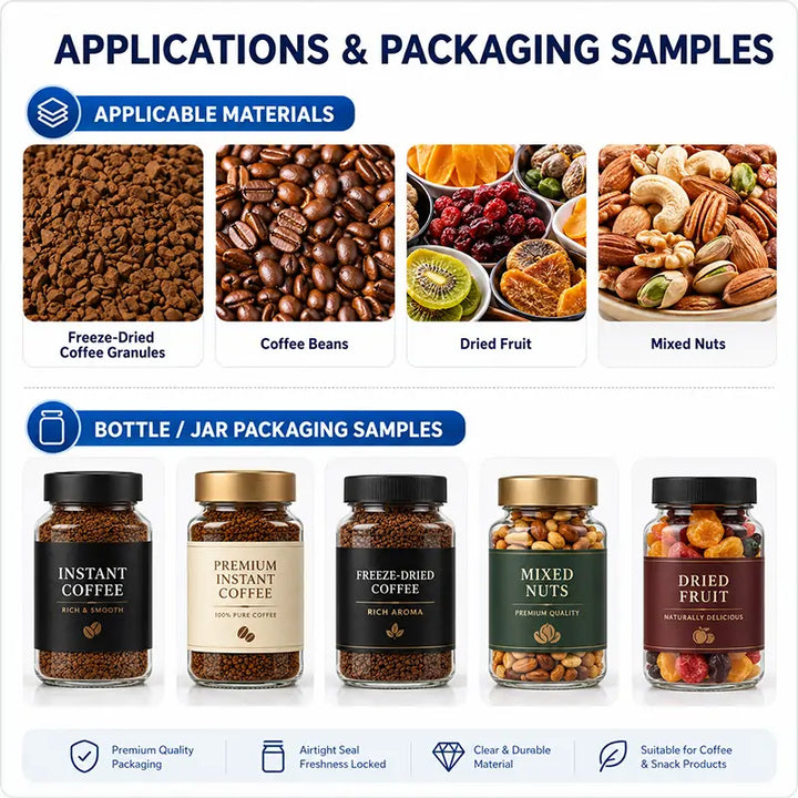 Automatic Freeze-Dried Coffee Granule Bottle Filling Cap Pressing Foil Sealing Labeling and Shrink Wrapping Line