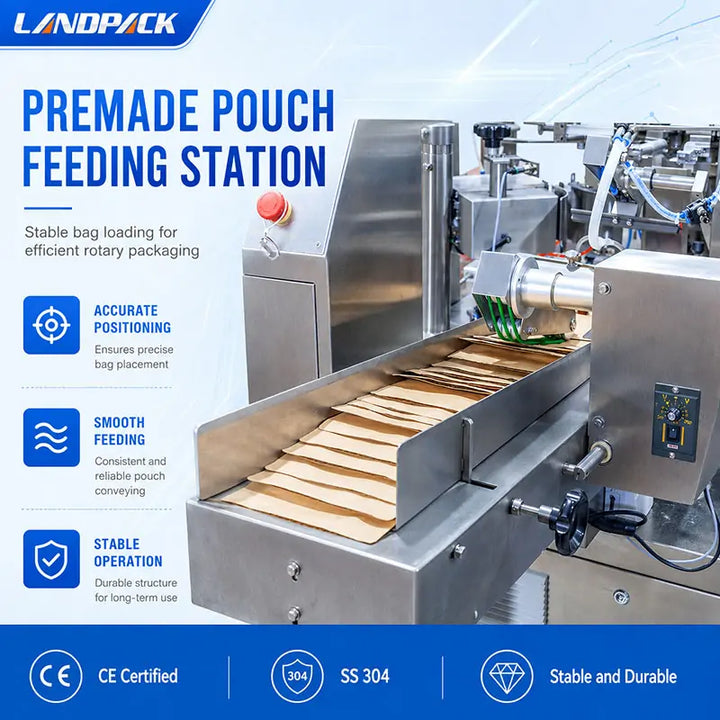 Automatic Spice Powder Rotary Doypack Filling Sealing Machine with Screw Feeder, Dust Collector and Spoon Dispenser