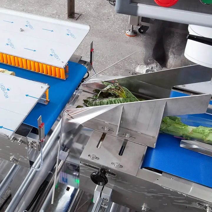 Automatic Celtuce Lettuce Vegetable Flow Wrapping Machine with Hole Punching, Labeling, and Coding