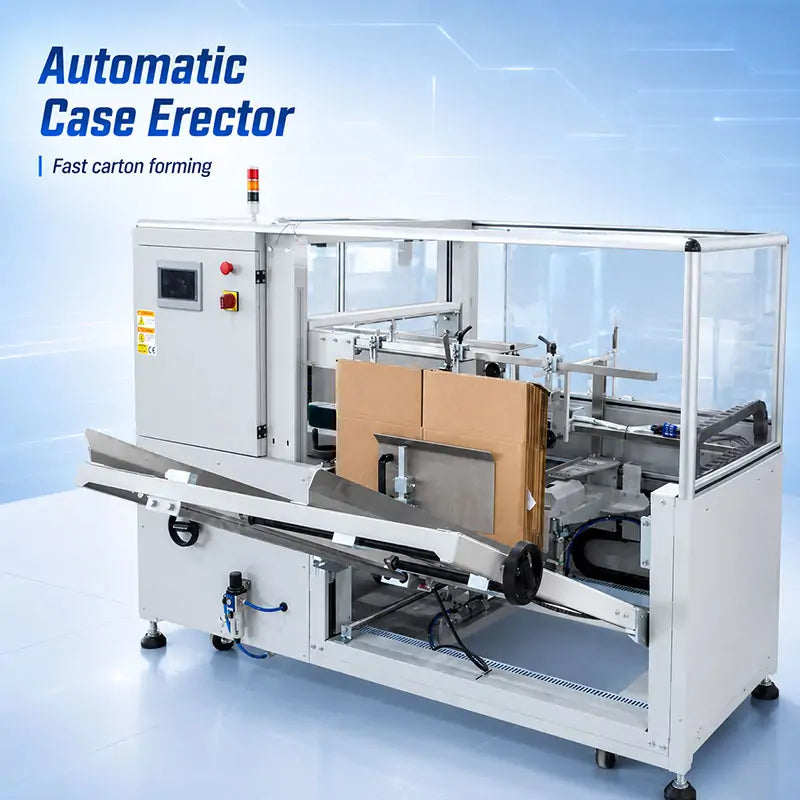 Automatic End-of-Line Packaging System with Case Erector, Robotic Case Packer, Case Sealer and Palletizer