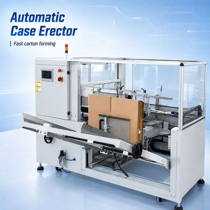 Automatic End-of-Line Packaging System with Case Erector, Robotic Case Packer, Case Sealer and Palletizer