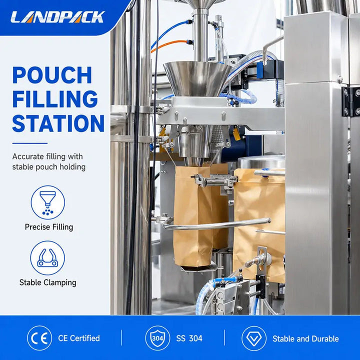Automatic Spice Powder Rotary Doypack Filling Sealing Machine with Screw Feeder, Dust Collector and Spoon Dispenser