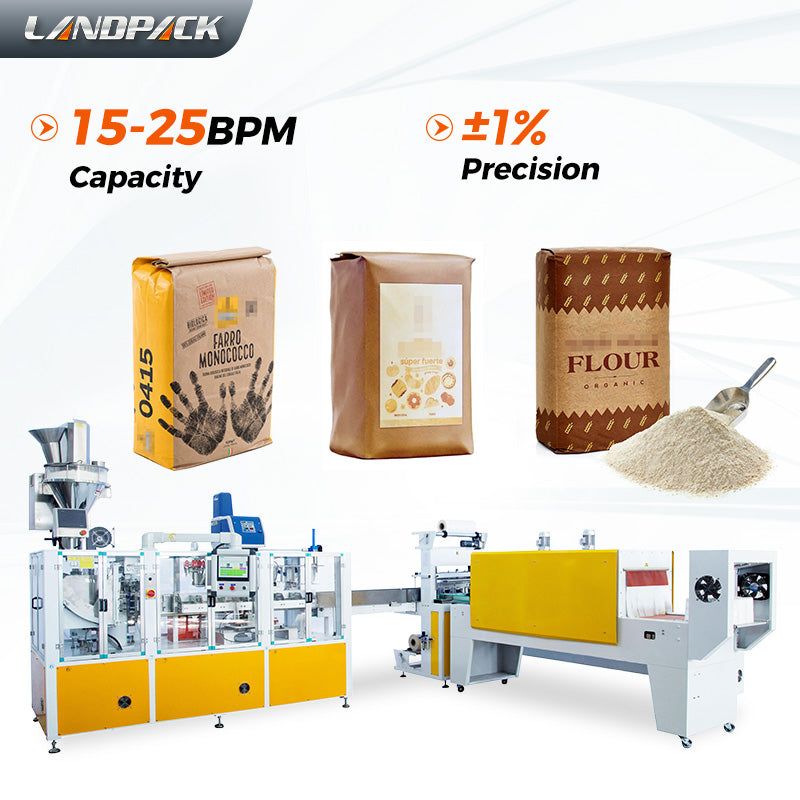 Automatic Flour Powder Premade Block Bottom Pouch Packing Shrinking Machine