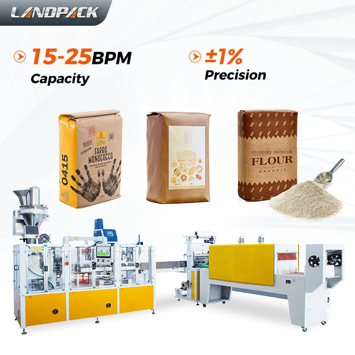 Automatic Flour Powder Premade Block Bottom Pouch Packing Shrinking Machine
