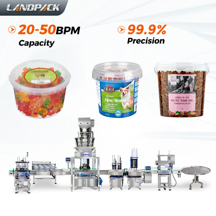 Automatic Mixed Candy Plastic Jar Bottles Filling And Caps Pressing Machine Line
