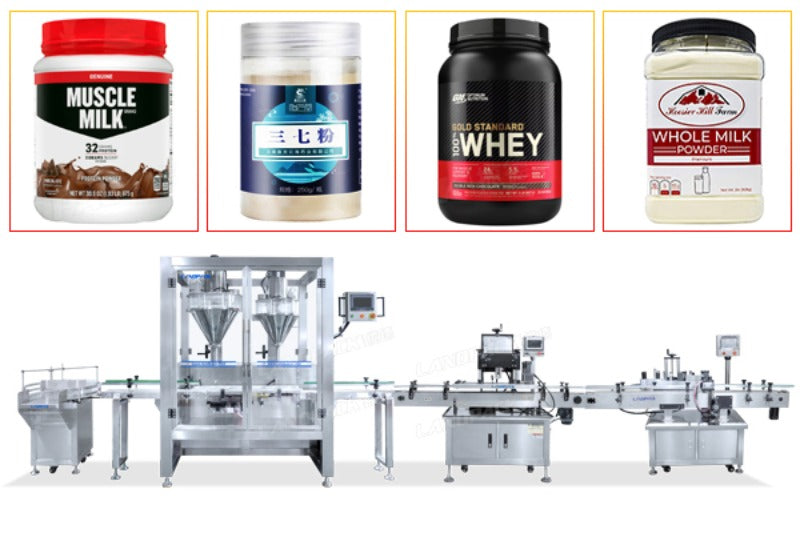 Automatic Double Heads Protein Powder Bottle Filling Capping Labeling Line