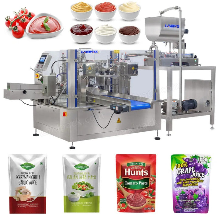 Automatic Liquid Sauce Paste Rotary Stand Up Pouch Filling and Sealing Machine