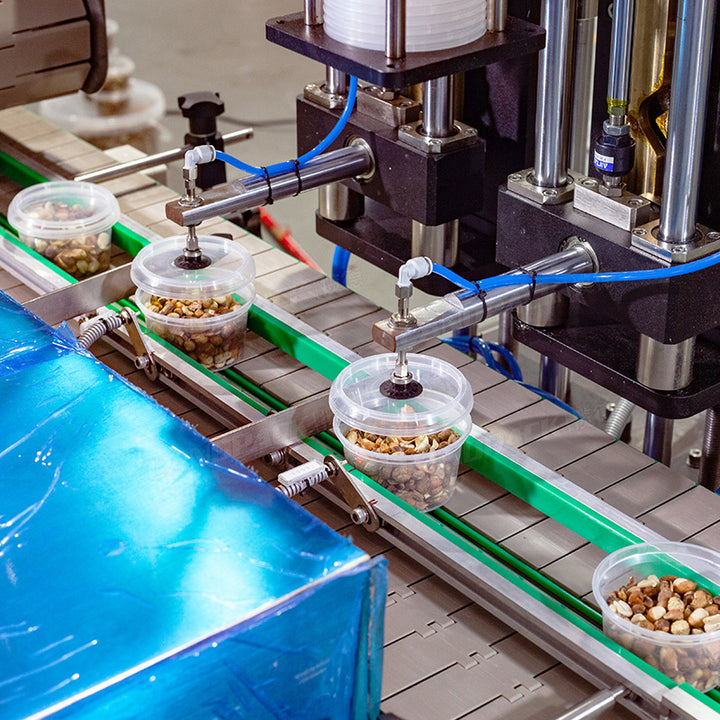 Automatic Mixed Candy Plastic Jar Bottles Filling And Caps Pressing Machine Line