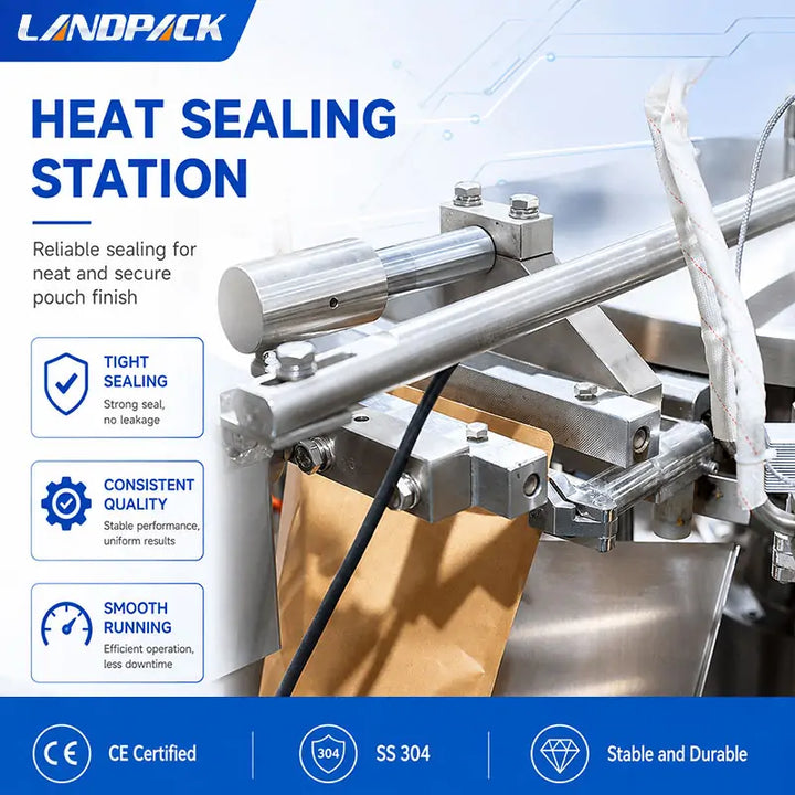 Automatic Spice Powder Rotary Doypack Filling Sealing Machine with Screw Feeder, Dust Collector and Spoon Dispenser