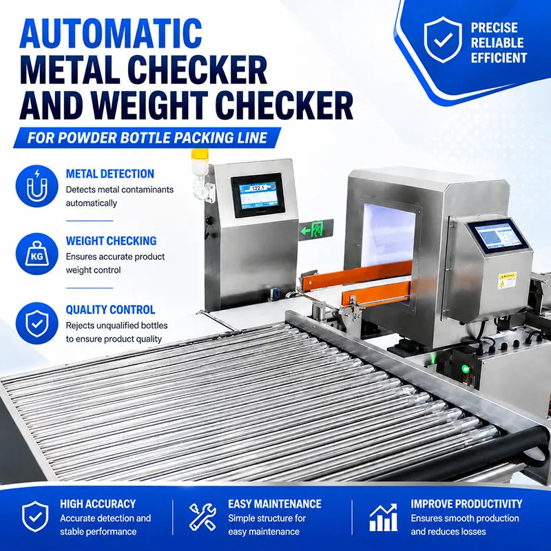 Automatic Double-Head Powder Bottle Rotary Filling Capping Labeling Line with Checkweigher and Metal Detector