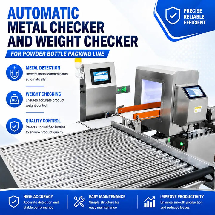 Automatic Double-Head Powder Bottle Rotary Filling Capping Labeling Line with Checkweigher and Metal Detector