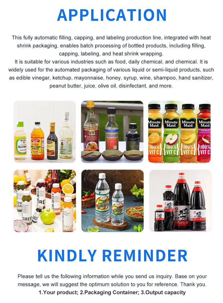 Automatic Vinegar Bottle Filling Capping and Labeling Machine Line with Shrinking Machine
