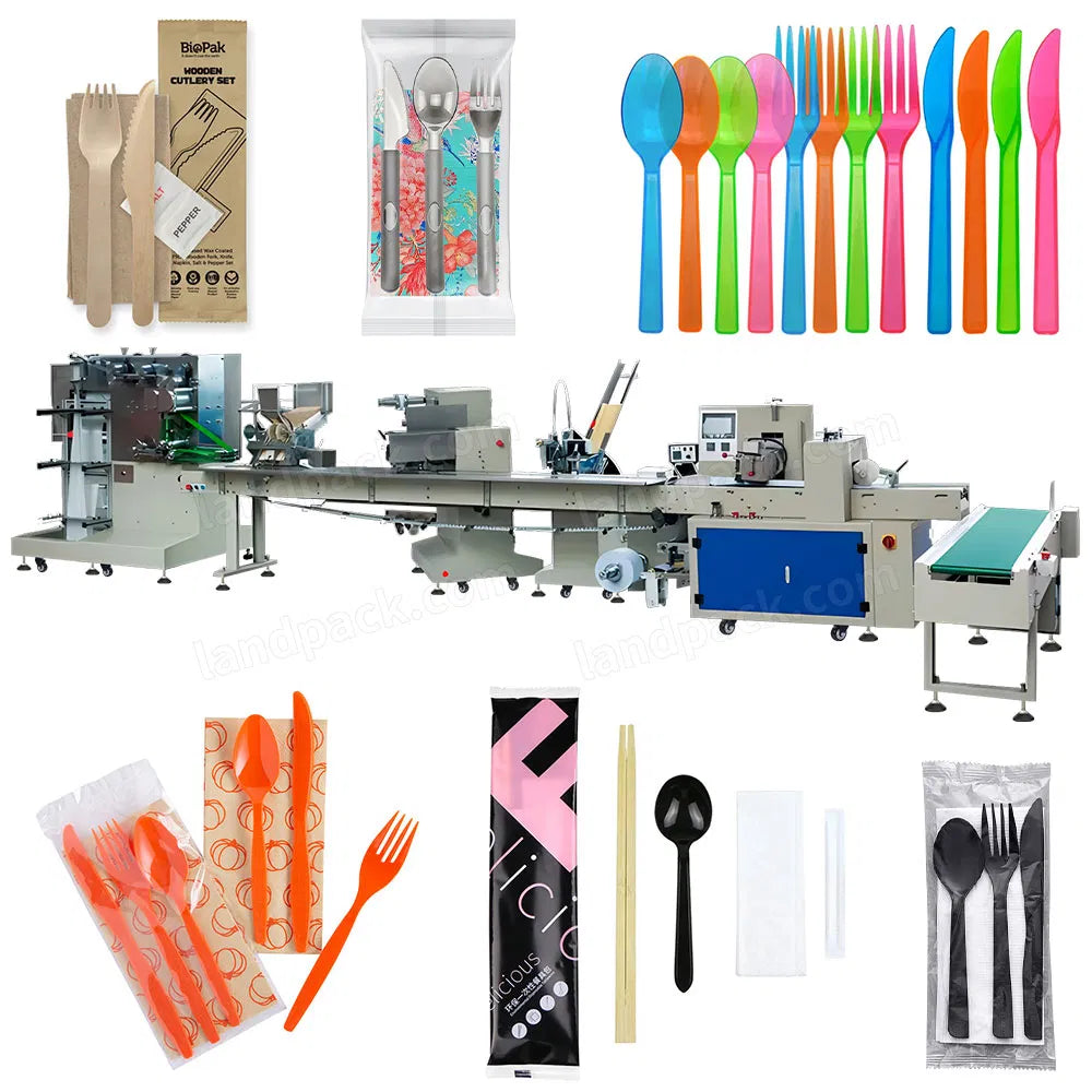 Automatic Plastic Cutlery Flow Pack Machine – Complete Napkin + Fork + Spoon Packing Line