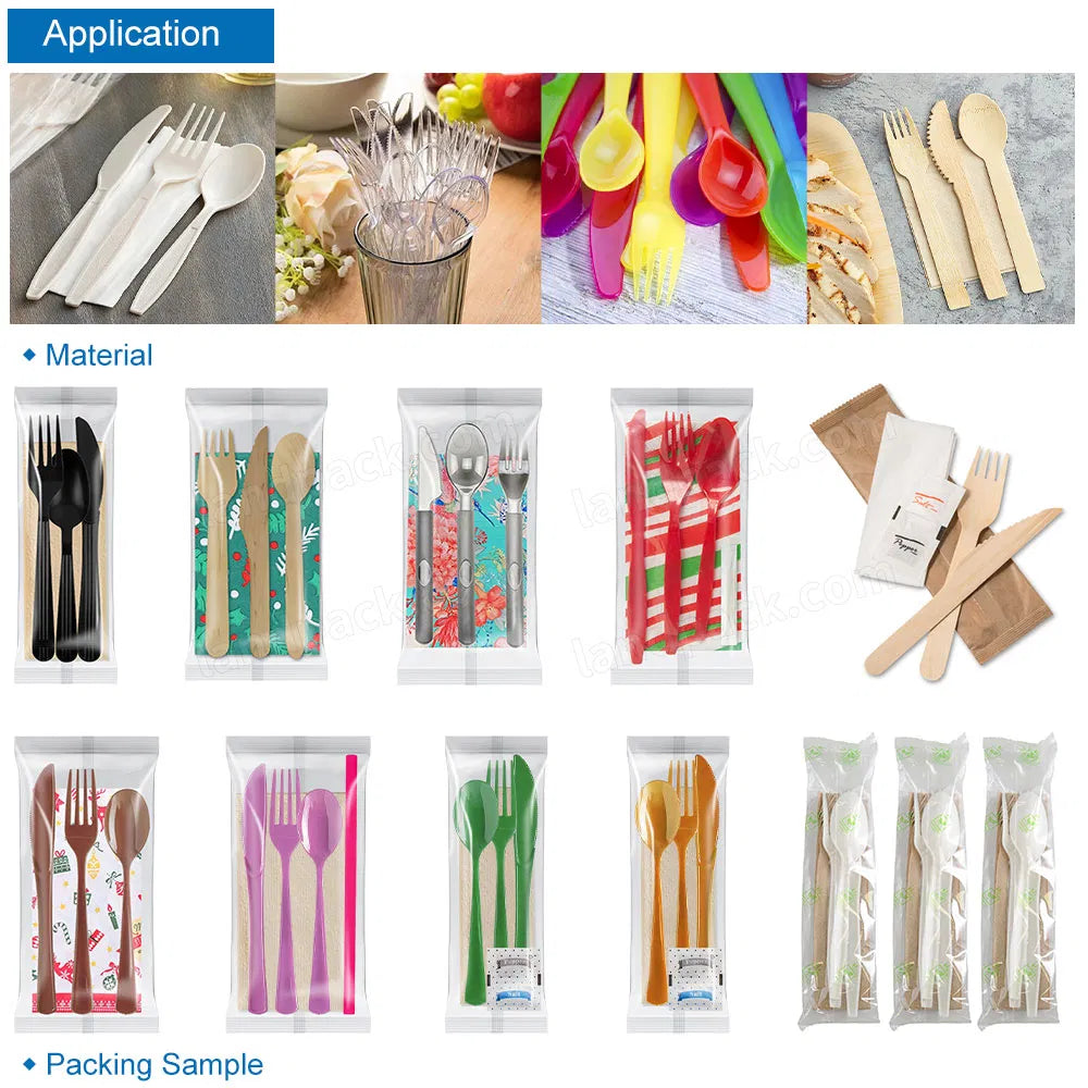 Automatic Plastic Cutlery Flow Pack Machine – Complete Napkin + Fork + Spoon Packing Line