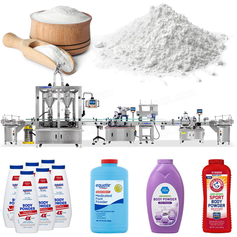 Automatic Double Heads Talcum Powder Bottle Filling Cap Pressing Labeling Machine Line