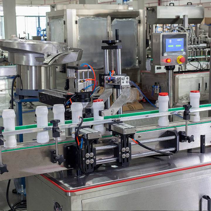 Automatic Double Heads Talcum Powder Bottle Filling Cap Pressing Labeling Machine Line