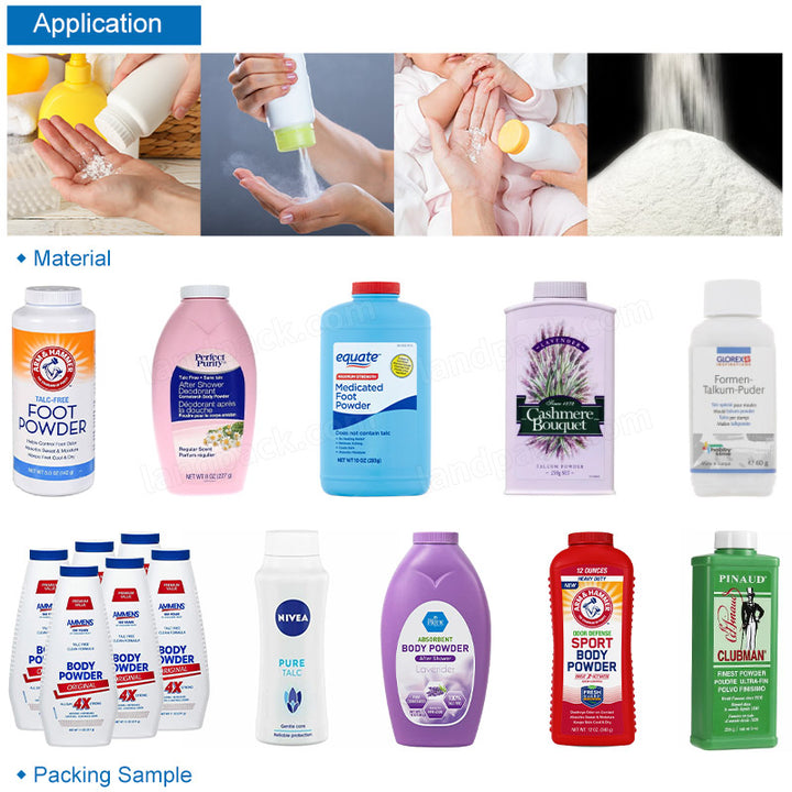 Automatic Double Heads Talcum Powder Bottle Filling Cap Pressing Labeling Machine Line