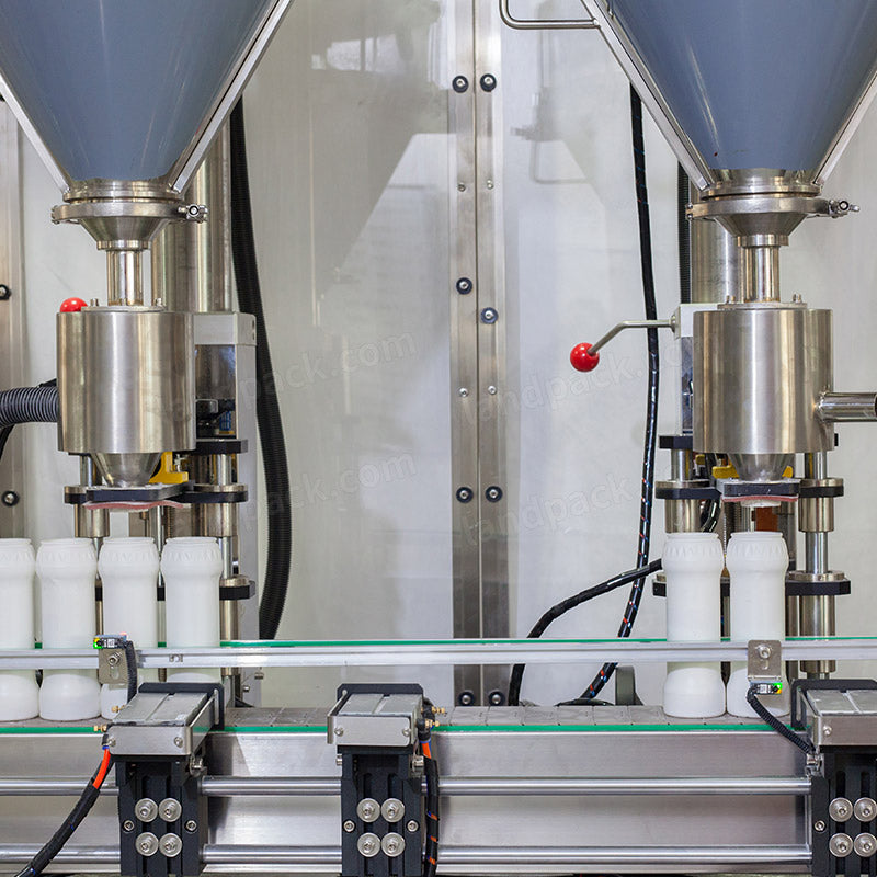 Automatic Double Heads Talcum Powder Bottle Filling Cap Pressing Labeling Machine Line